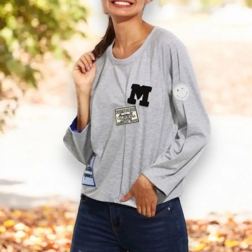 Gray Crew Neck Long Sleeve Lightweight Graphic Patches Pullover Sweatshirt NEW